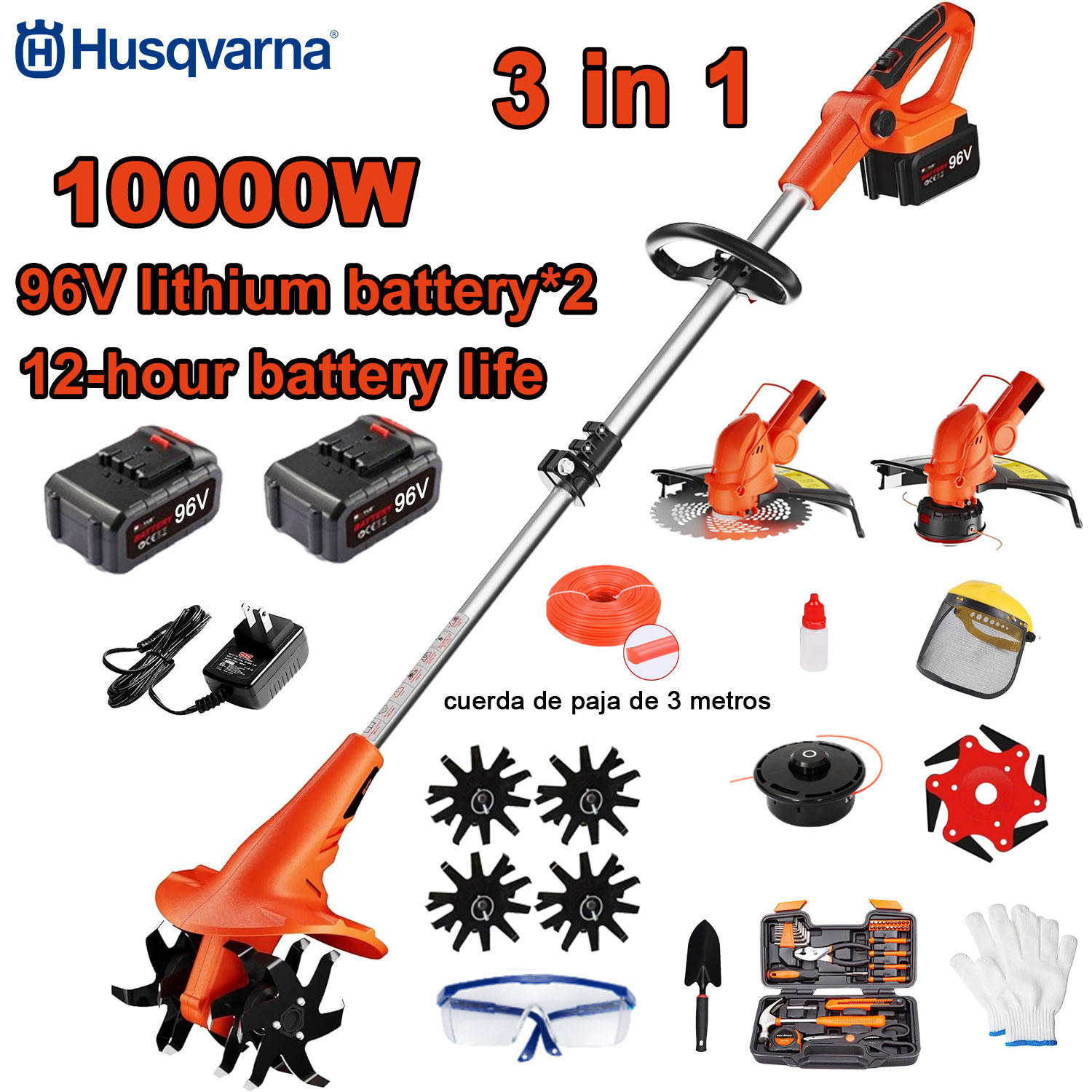 10000W lieljaudas 3-in-1 kultivators (pļaušana, augsnes apstrāde, zāles apgriešana) + 96V akumulators * 2 + ātra uzlāde + kultivatora nazis + griešanas galva + 3m pļaušanas virve * 3 + zāles pļāvējs * 6, + pilns piederumu komplekts